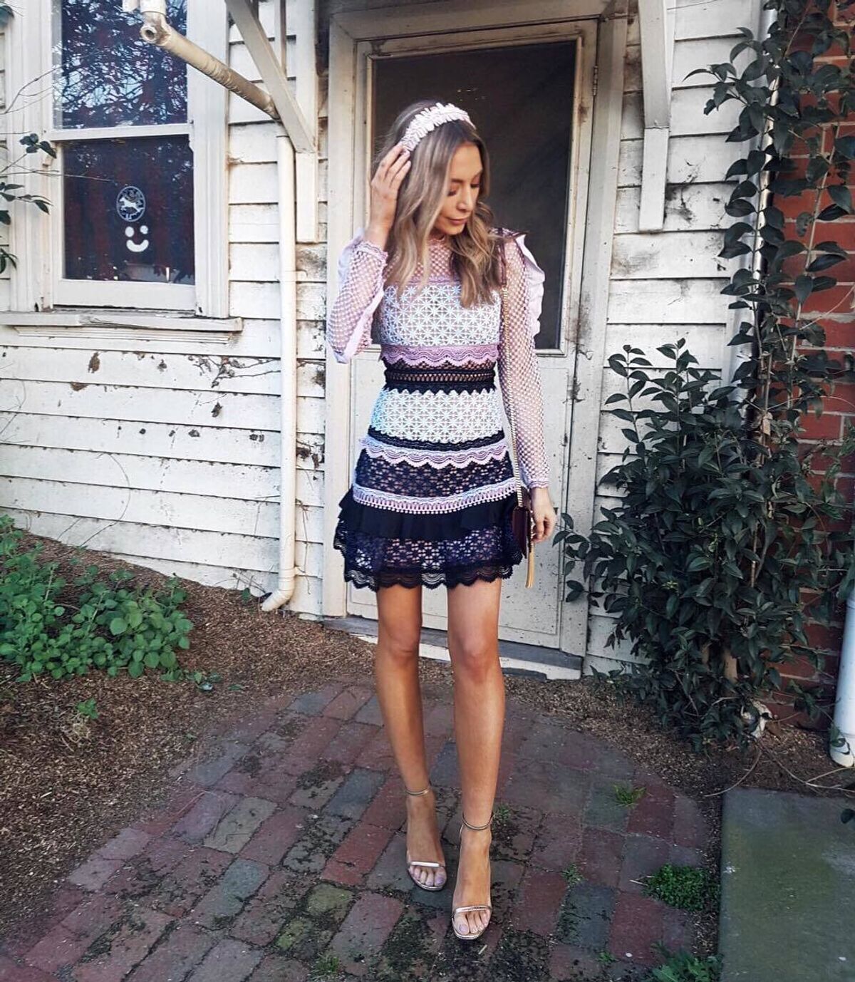 Self Portrait Bellis Lace Trim Dress Black/Pink Size 6 for rent on The Volte - main image