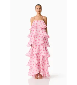 Elliatt Sola Tiered Maxi Dress in Pink Polkadot Size M/AU10 for rent on The Volte - image 1