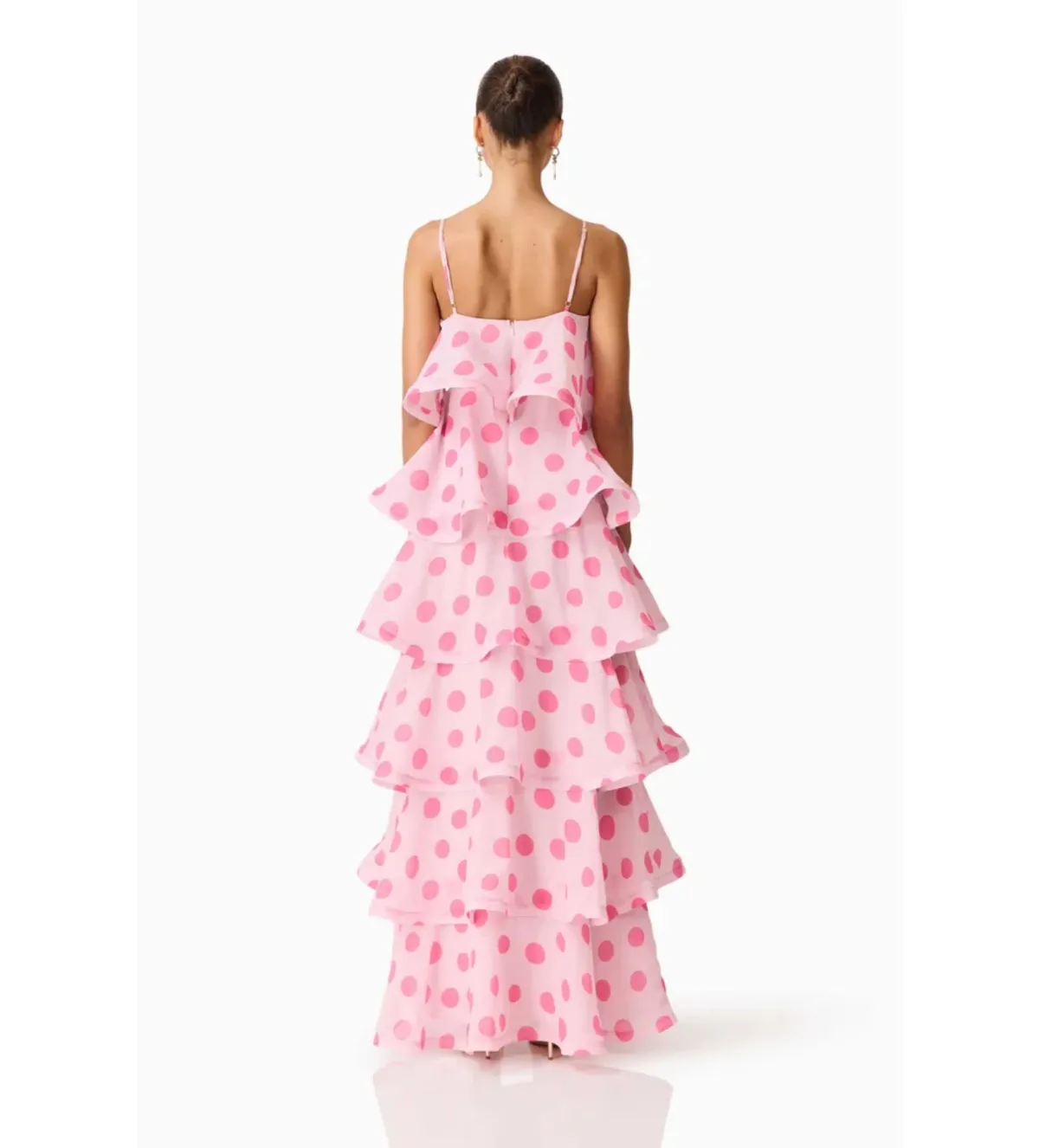 Elliatt Sola Tiered Maxi Dress in Pink Polkadot Size M/AU10 - Image 3