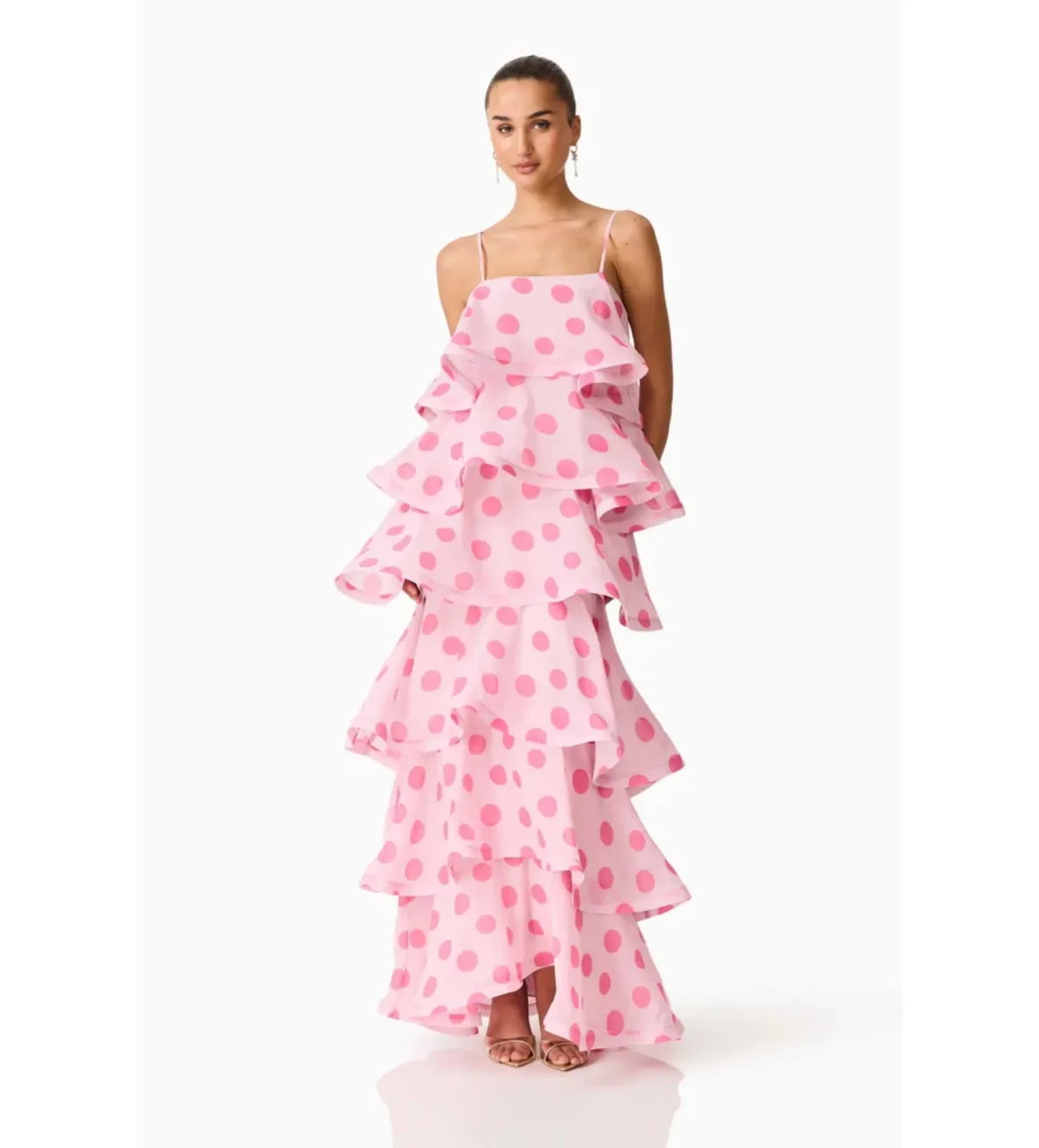 Elliatt Sola Tiered Maxi Dress in Pink Polkadot Size L/AU12 - Image 2