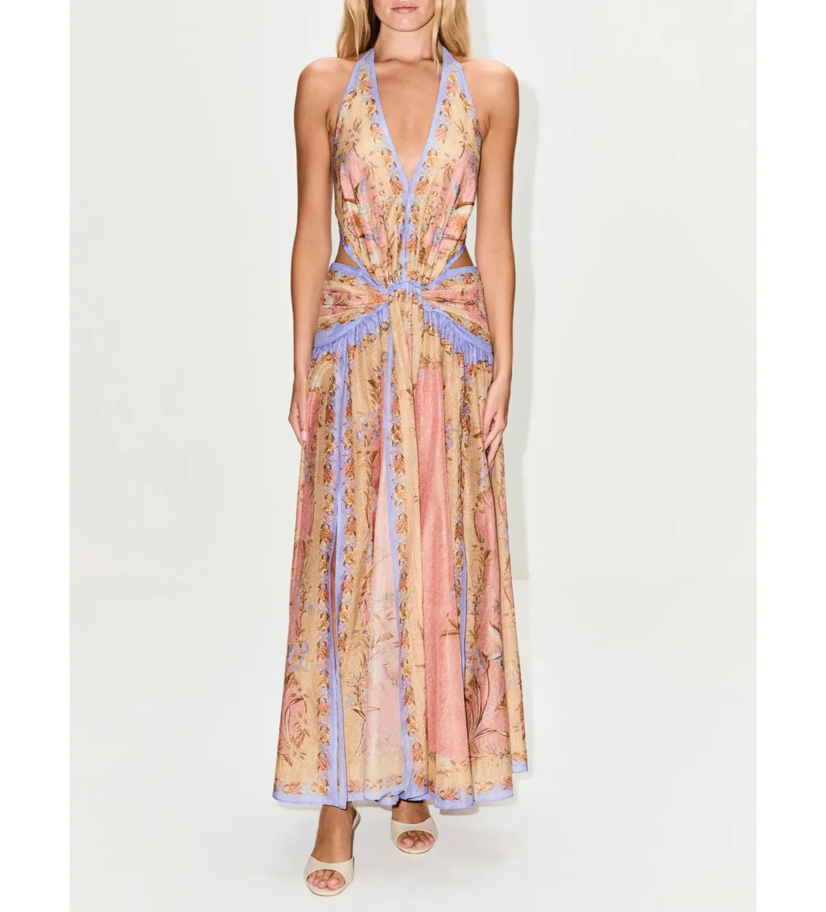 Zimmermann Indra Plunge Halter Maxi Dress Pink Scarf Floral Size 0 / AU 8 - Image 1