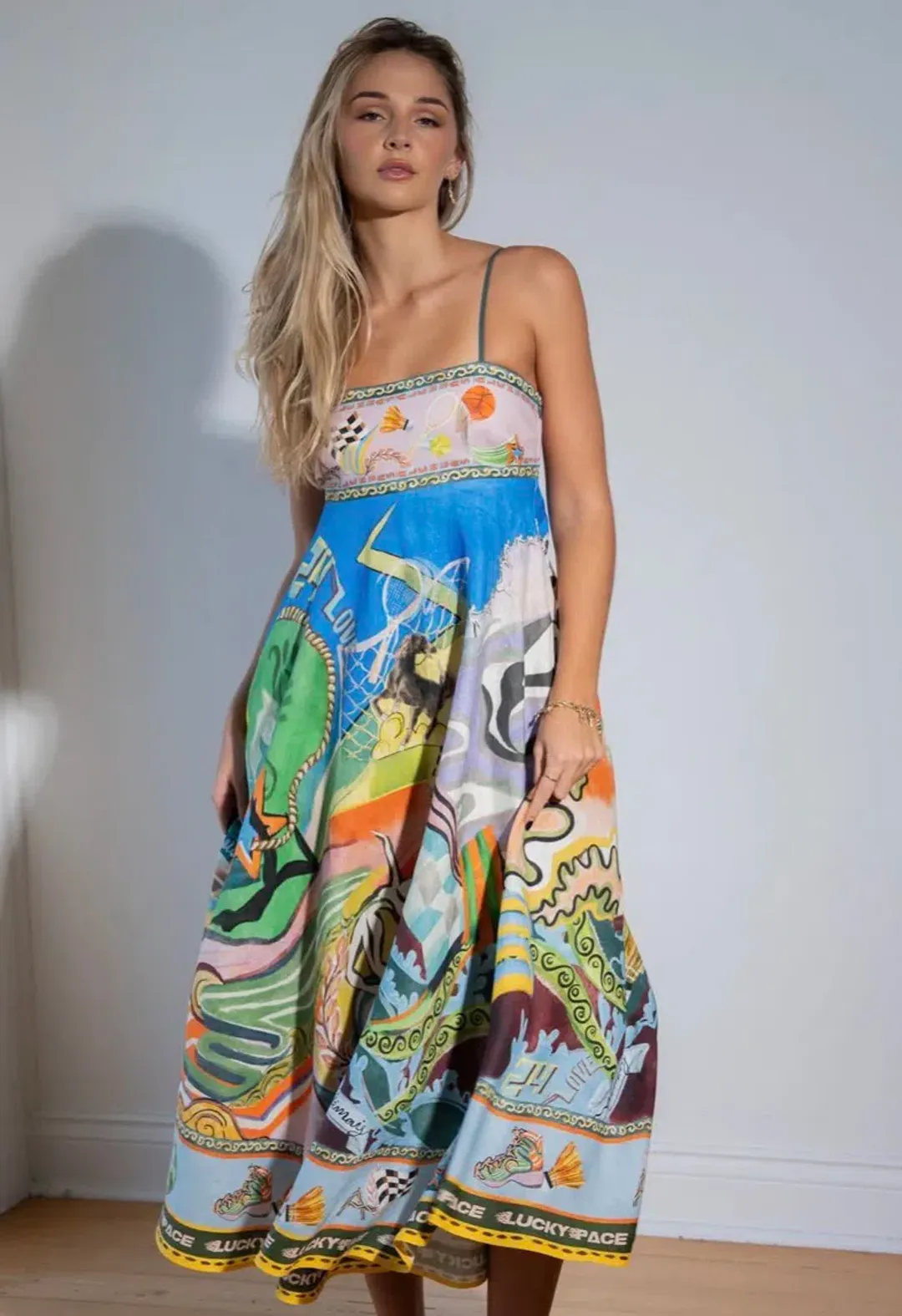 Alemais Lucky Pace Printed Linen Midi Sundress Multi Size 10 AU for rent on The Volte - main image