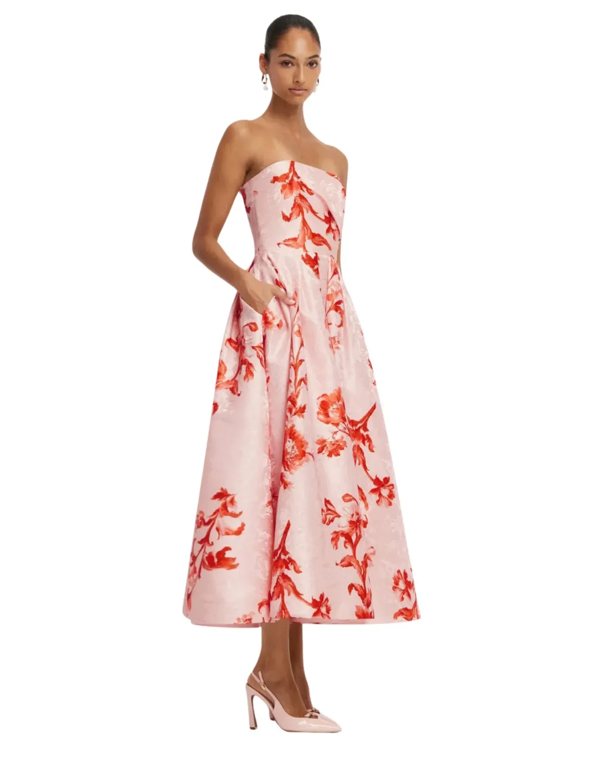 Leo Lin Lynn Jacquard Bustier Midi Dress Magnolia Print Size 12 - Image 2