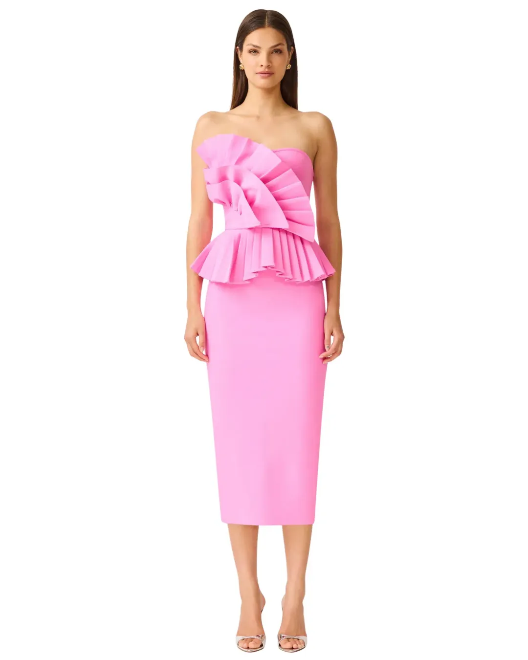 Elliatt Orelia Pleated Midi Dress Candy Pink Size 10 for rent on The Volte - main image