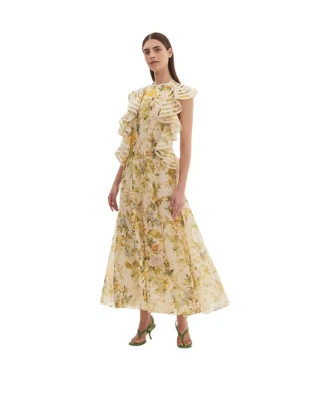 Alemais Eden Flounce Midi Dress Cream Floral Size 14 for rent on The Volte - main image
