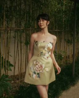 Leo Lin Roselle Embroidered Bustier Mini Dress Pistachio Rose Print Size 12 for rent on The Volte - image 1