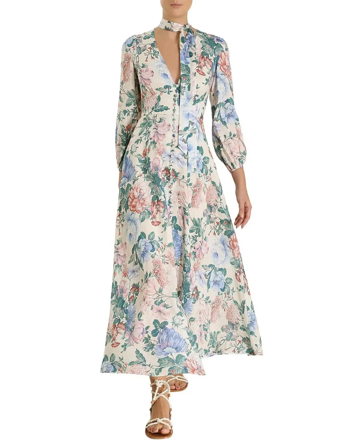 Zimmermann Verity Plunge Long Dress Cream Blue Floral Size 1 / AU 10 - Image 1