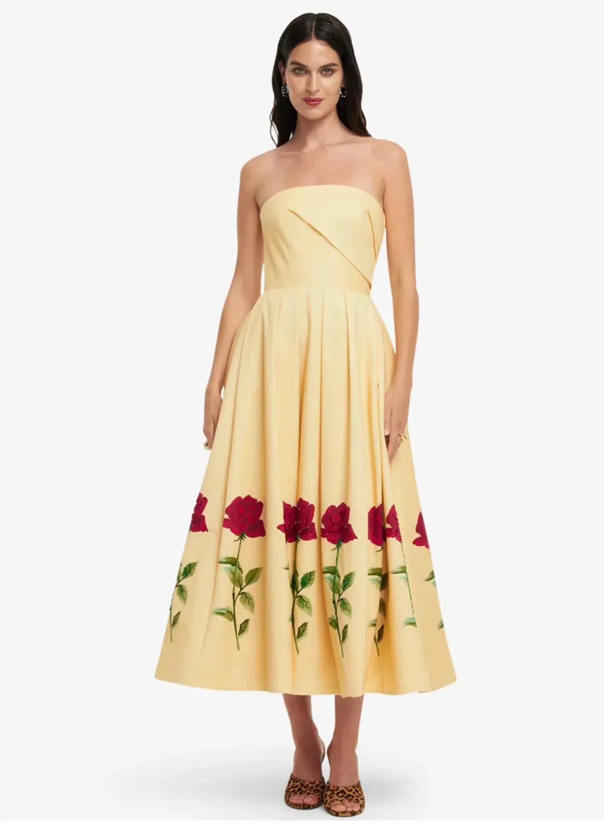 Leo Lin Lynn Midi Dress Butter Yellow with Red Roses - Image 3