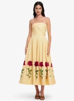 Leo Lin Lynn Midi Dress Butter Yellow with Red Roses for rent on The Volte - image 3