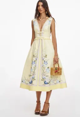 Self Portrait Yellow Floral Flared Midi Dress Size 14 for rent on The Volte - image 1