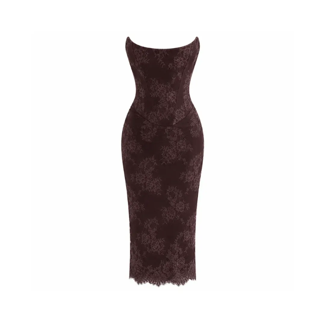 House of CB Larra Dress Bitter Chocolate Lace Corset Midi & Bolero for rent on The Volte - main image