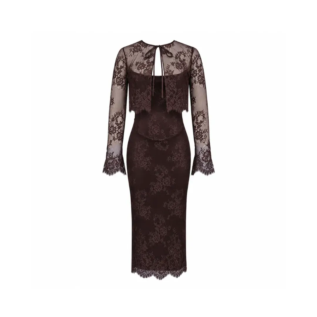 House of CB Larra Dress Bitter Chocolate Lace Corset Midi & Bolero for rent on The Volte - main image