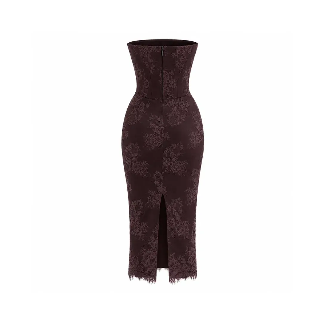 House of CB Larra Dress Bitter Chocolate Lace Corset Midi & Bolero for rent on The Volte - main image