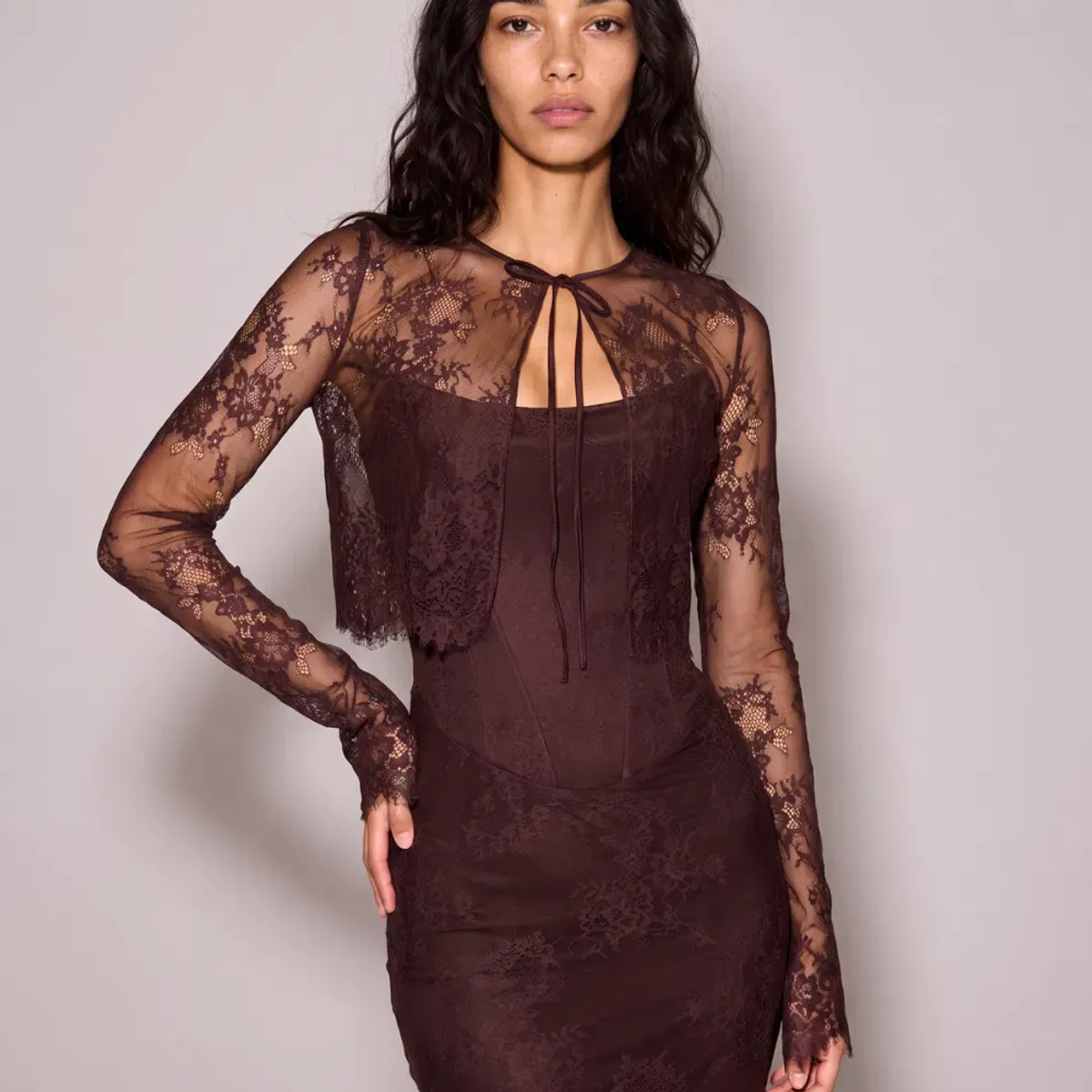 House of CB Larra Dress Bitter Chocolate Lace Corset Midi & Bolero - Image 1