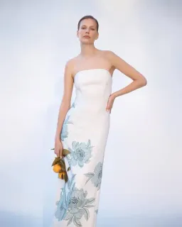 David Lawrence Atlanta Strapless Maxi in Almond with green floral size 4 for rent on The Volte - image 3
