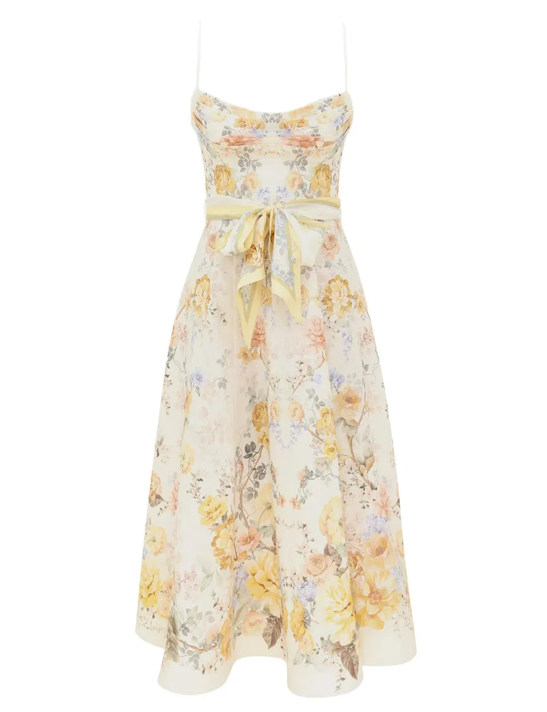 Zimmermann Clash Tuck Midi Dress in Citrus Blooms Floral Size 2 / AU 12 for rent on The Volte - main image