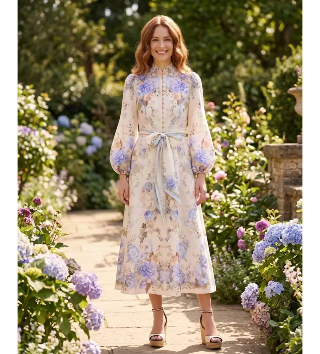 Zimmermann Clash Button Midi Dress in Sky Blooms Size 2/AU12 for rent on The Volte - main image