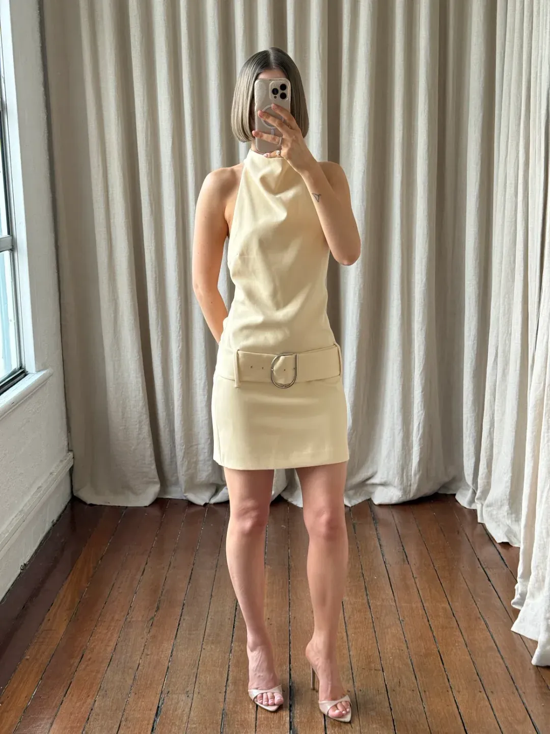 SIR The Label Sabina Belted Mini Dress in Butter for rent on The Volte - main image