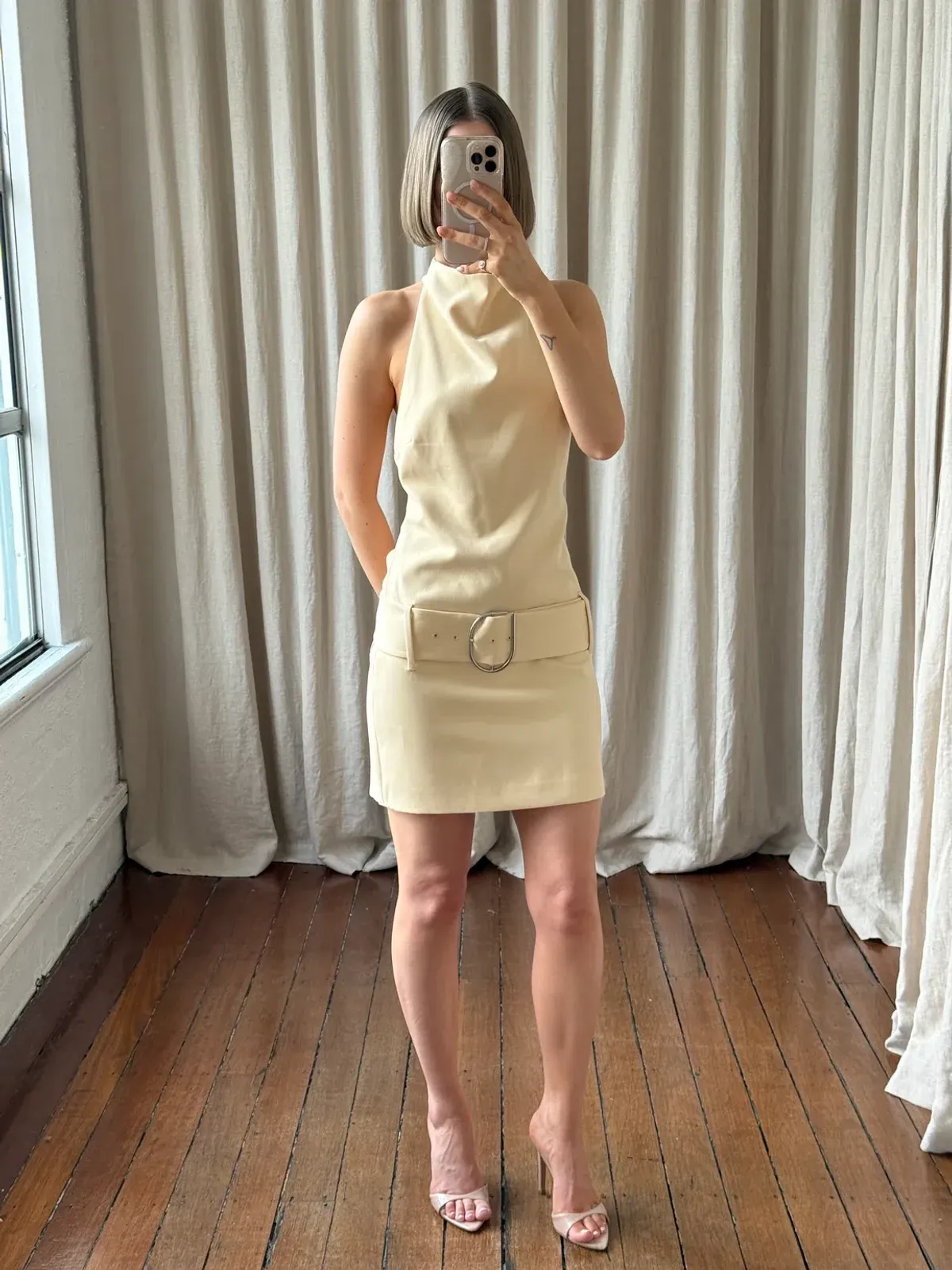 SIR The Label Sabina Belted Mini Dress in Butter for rent on The Volte - main image