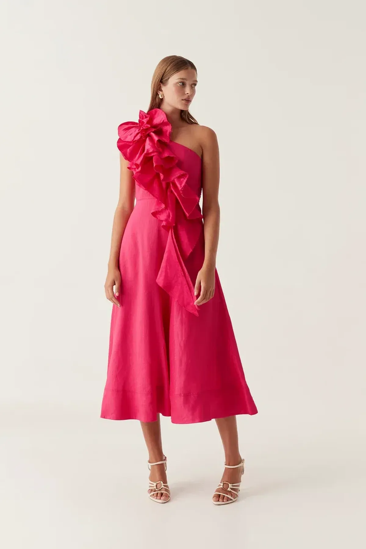 Aje Adelia Ruffle Midi Dress in Bougainvillea Red Size 16 - Image 2