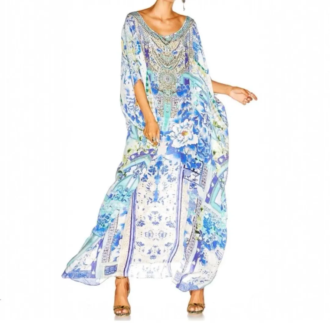 Camilla Porcelain Paradise Round Neck Long Kaftan Dress One Size for rent on The Volte - main image