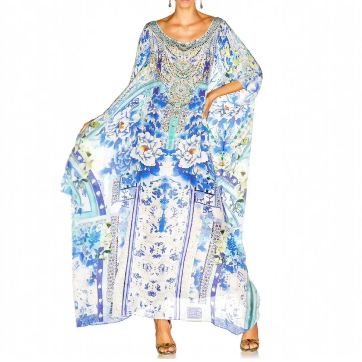 Camilla Porcelain Paradise Round Neck Long Kaftan Dress One Size - Image 2