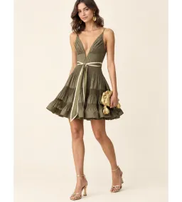 Zimmermann V Neck Pleated Mini Dress in Khaki Size 0/AU8 for rent on The Volte - image 1