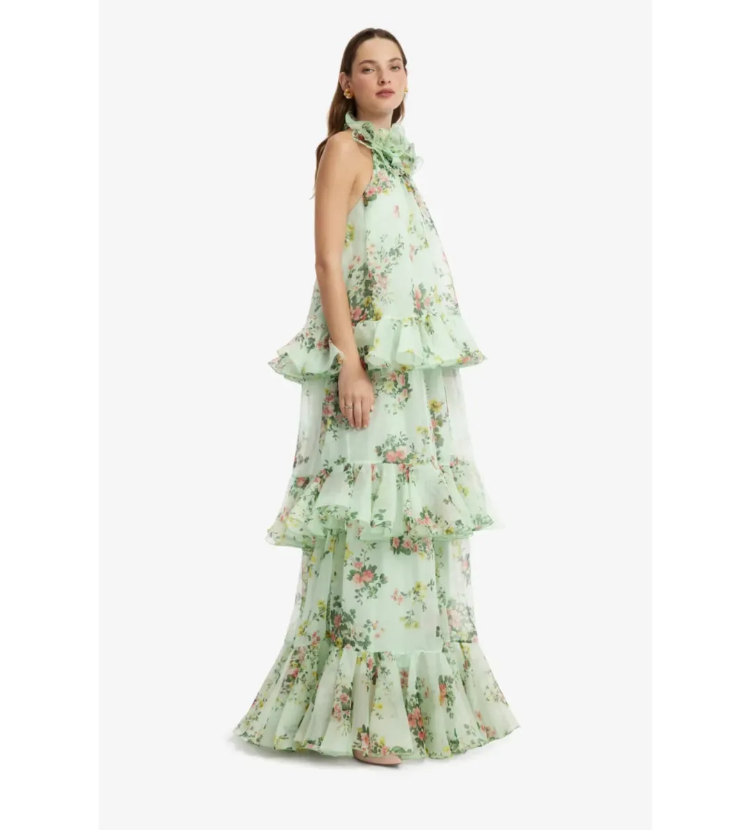 Leo Lin Thalia Halterneck Tiered Maxi Dress in Posy Print in Mint Size AU12 for rent on The Volte - main image