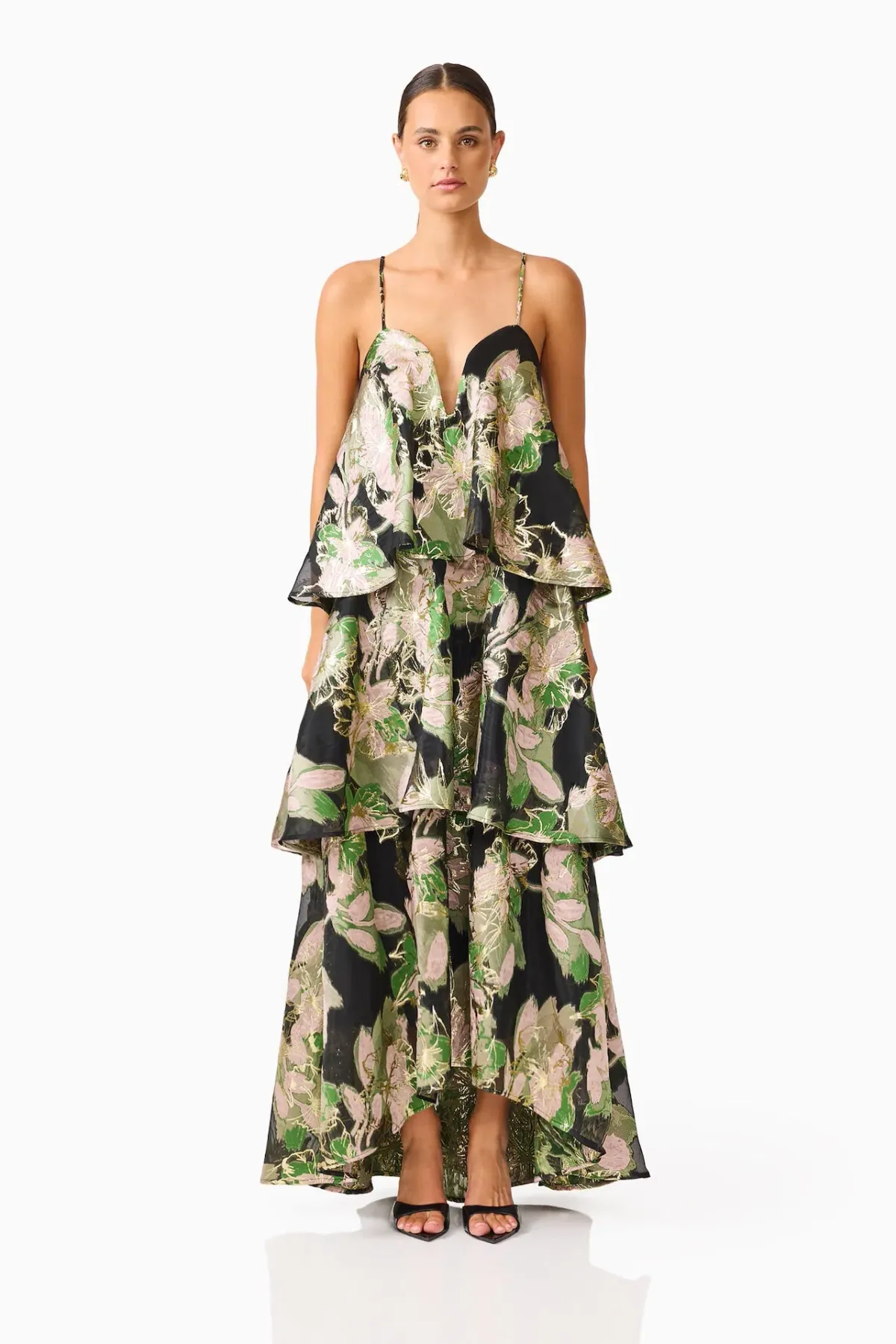 Elliatt Florayne Tiered Maxi Dress in Black & Green Floral Size M / AU 10 - Image 1