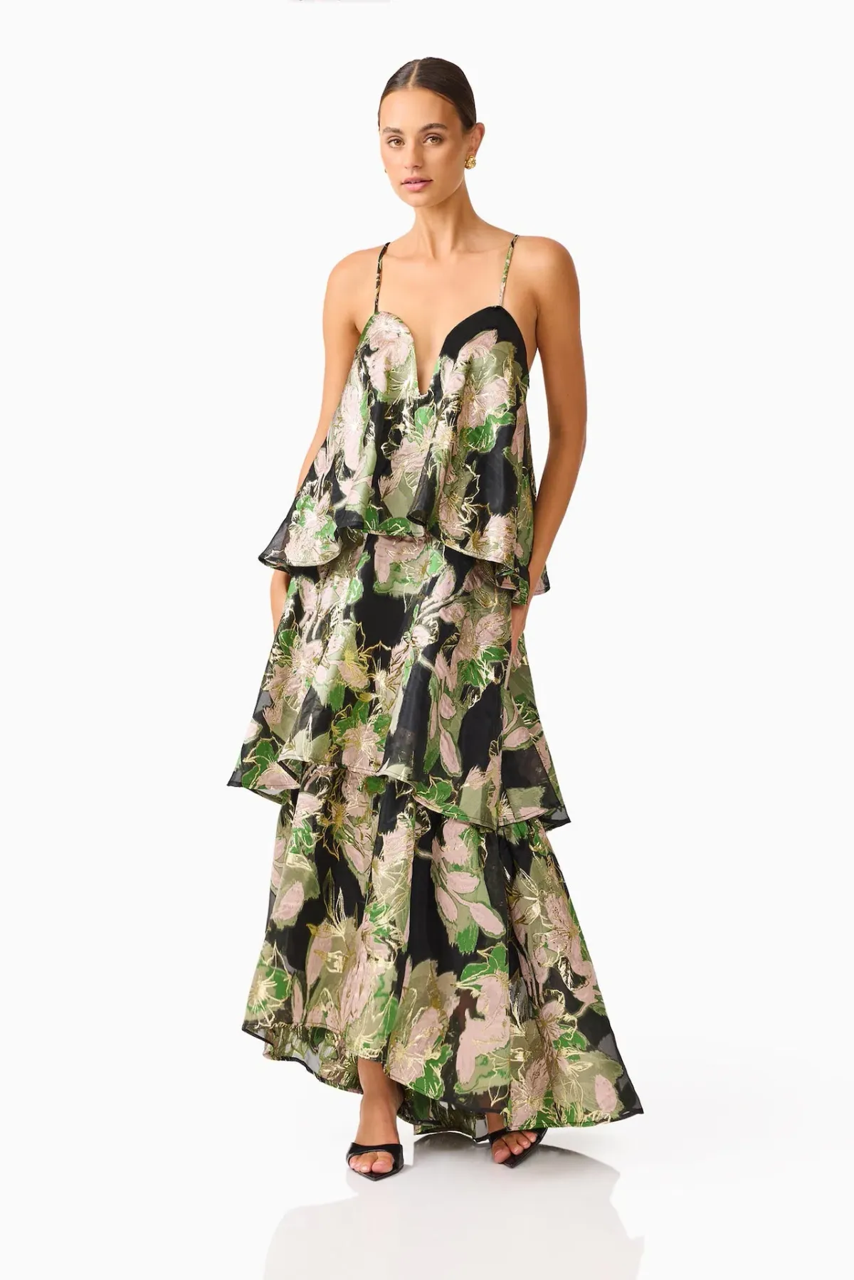 Elliatt Florayne Tiered Maxi Dress in Black & Green Floral Size M / AU 10 - Image 4
