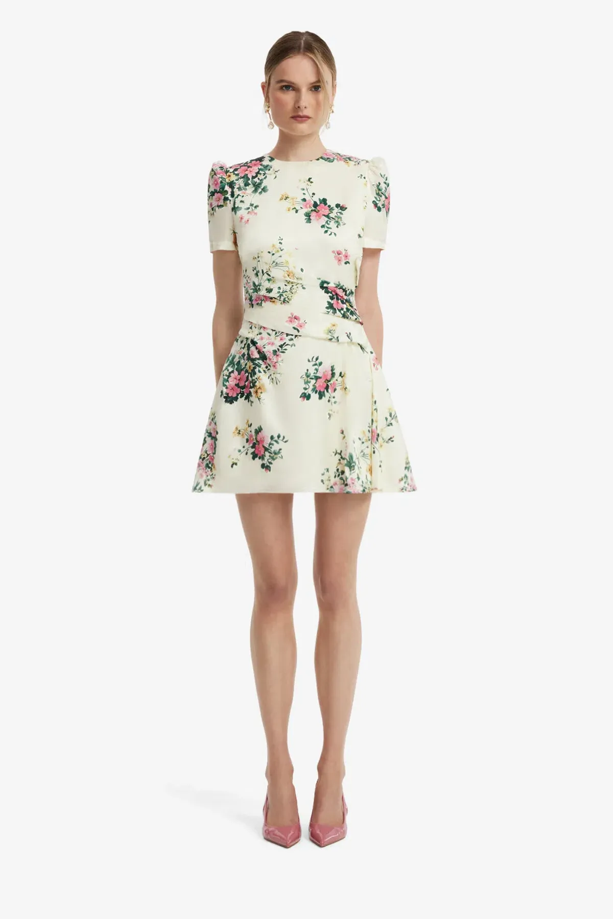 Leo Lin Elyse Short Sleeve Mini Dress in Posy Floral Print in Snow Size AU 12 - Image 5