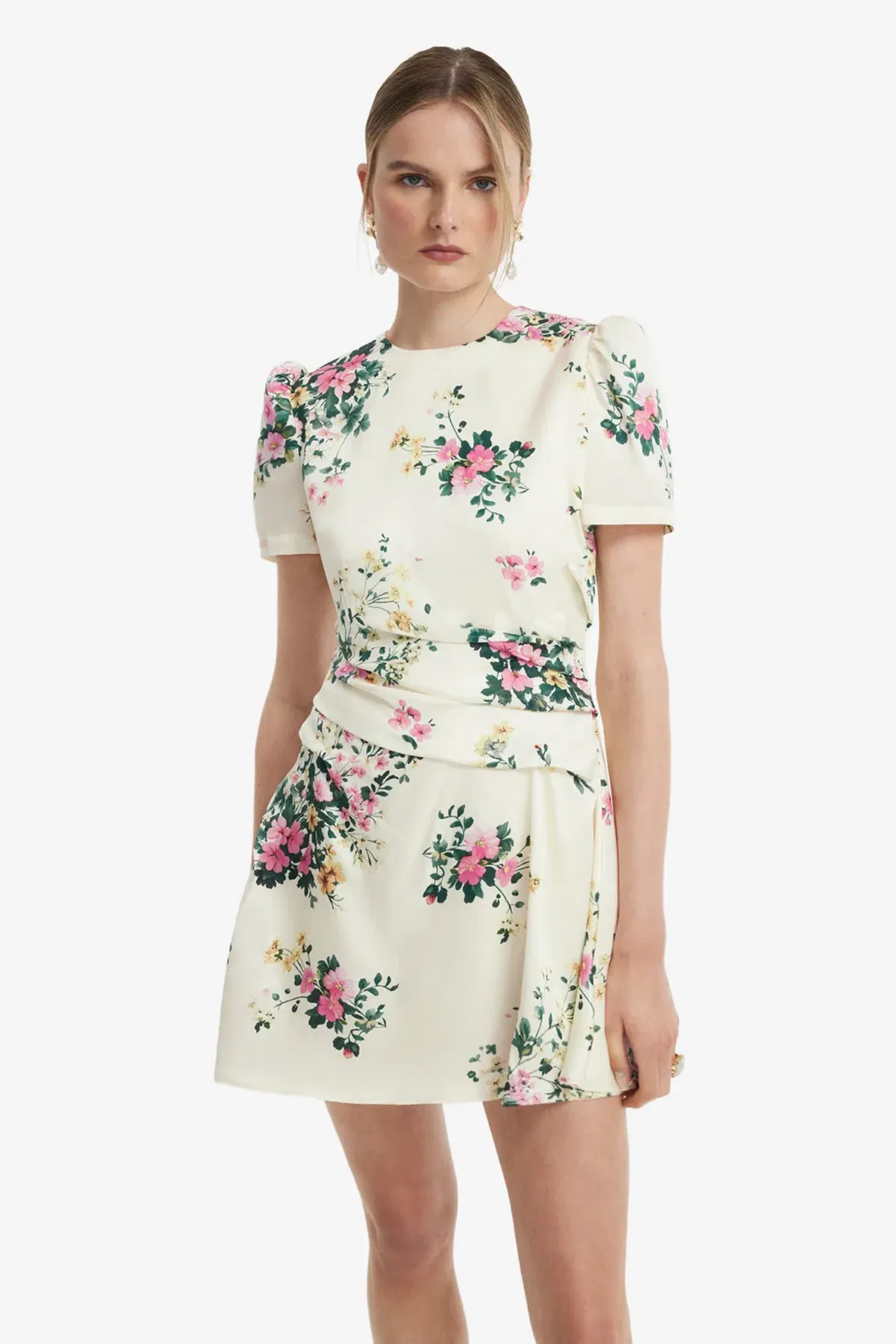 Leo Lin Elyse Short Sleeve Mini Dress in Posy Floral Print in Snow Size AU 10 - Image 4