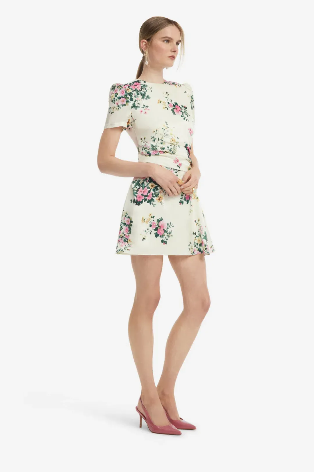 Leo Lin Elyse Short Sleeve Mini Dress in Posy Floral Print in Snow Size AU 10 for rent on The Volte - main image