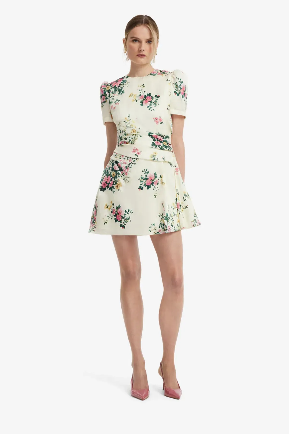 Leo Lin Elyse Short Sleeve Mini Dress in Posy Floral Print in Snow Size AU 10 - Image 1