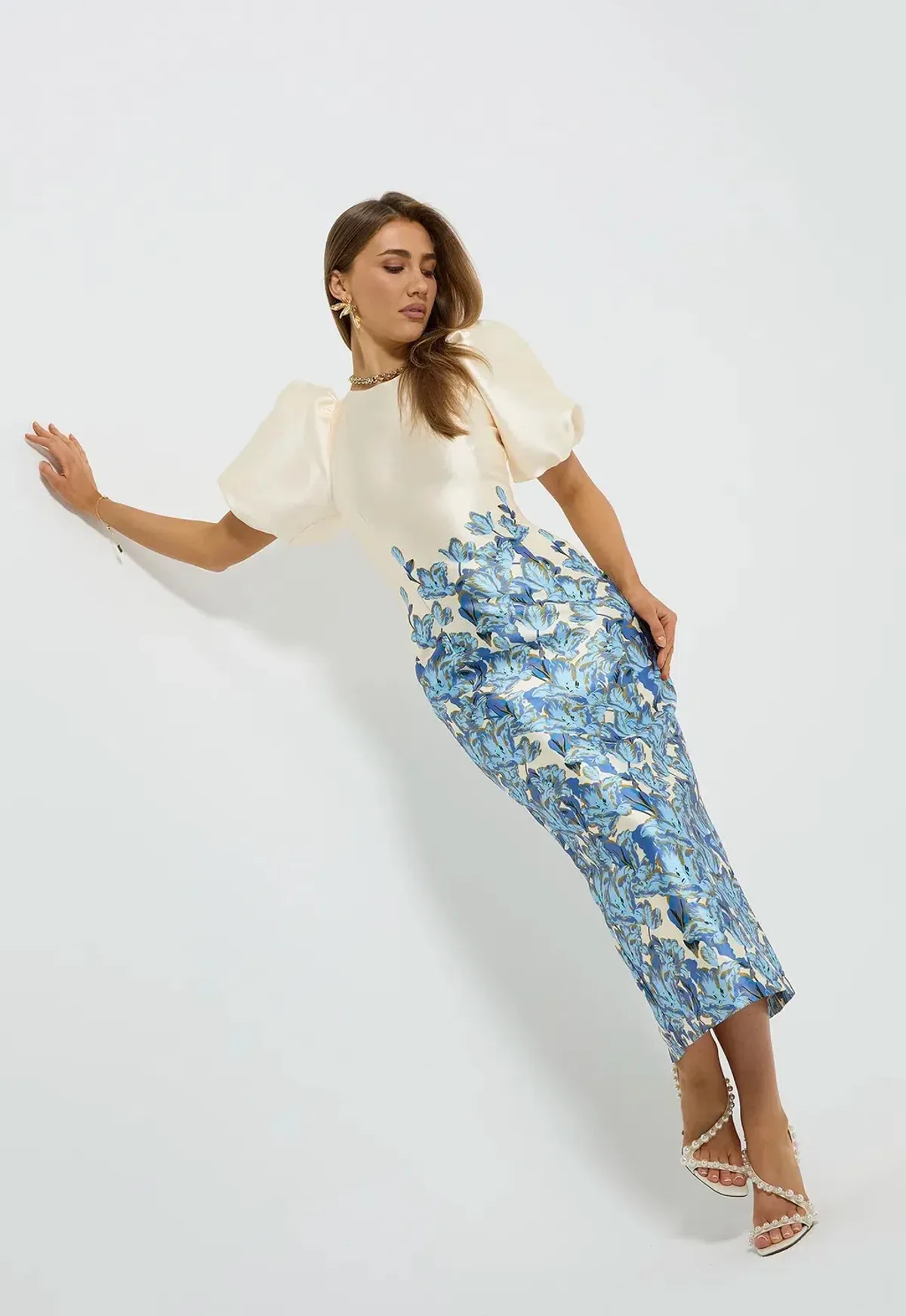 Pasduchas Lola Sleeve Midi Cream and Blue Size 8 - Image 2