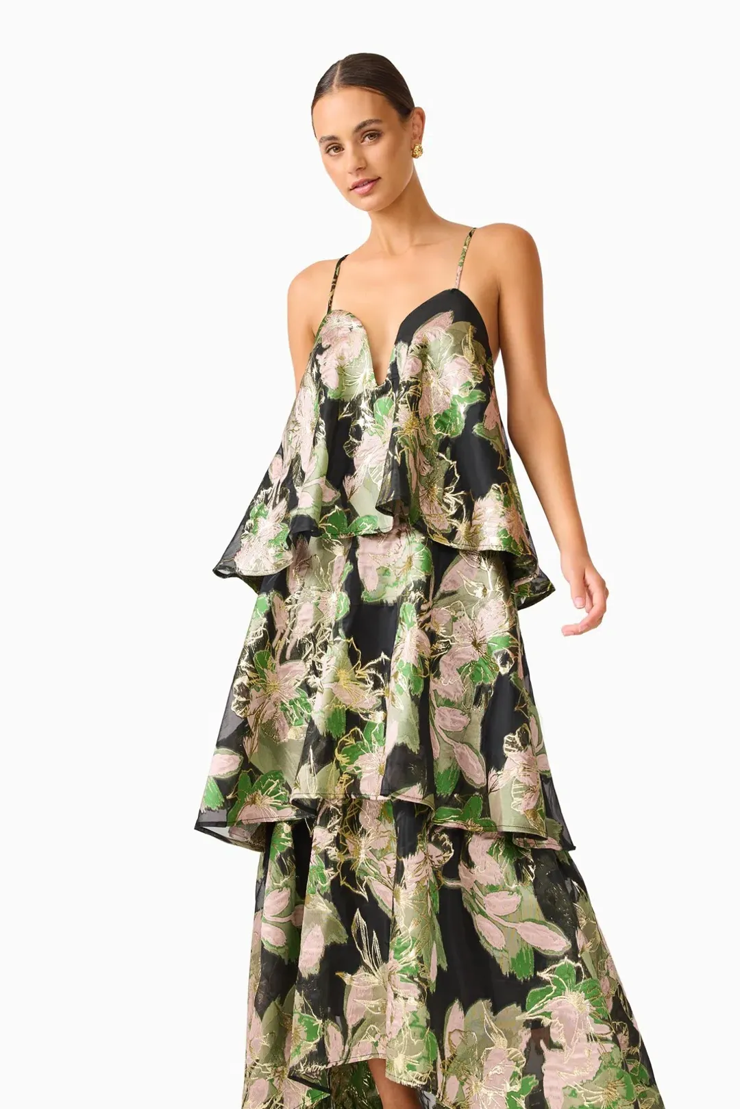Elliatt Florayne Tiered Maxi Dress Black Green Floral Size M / AU 10 for rent on The Volte - main image