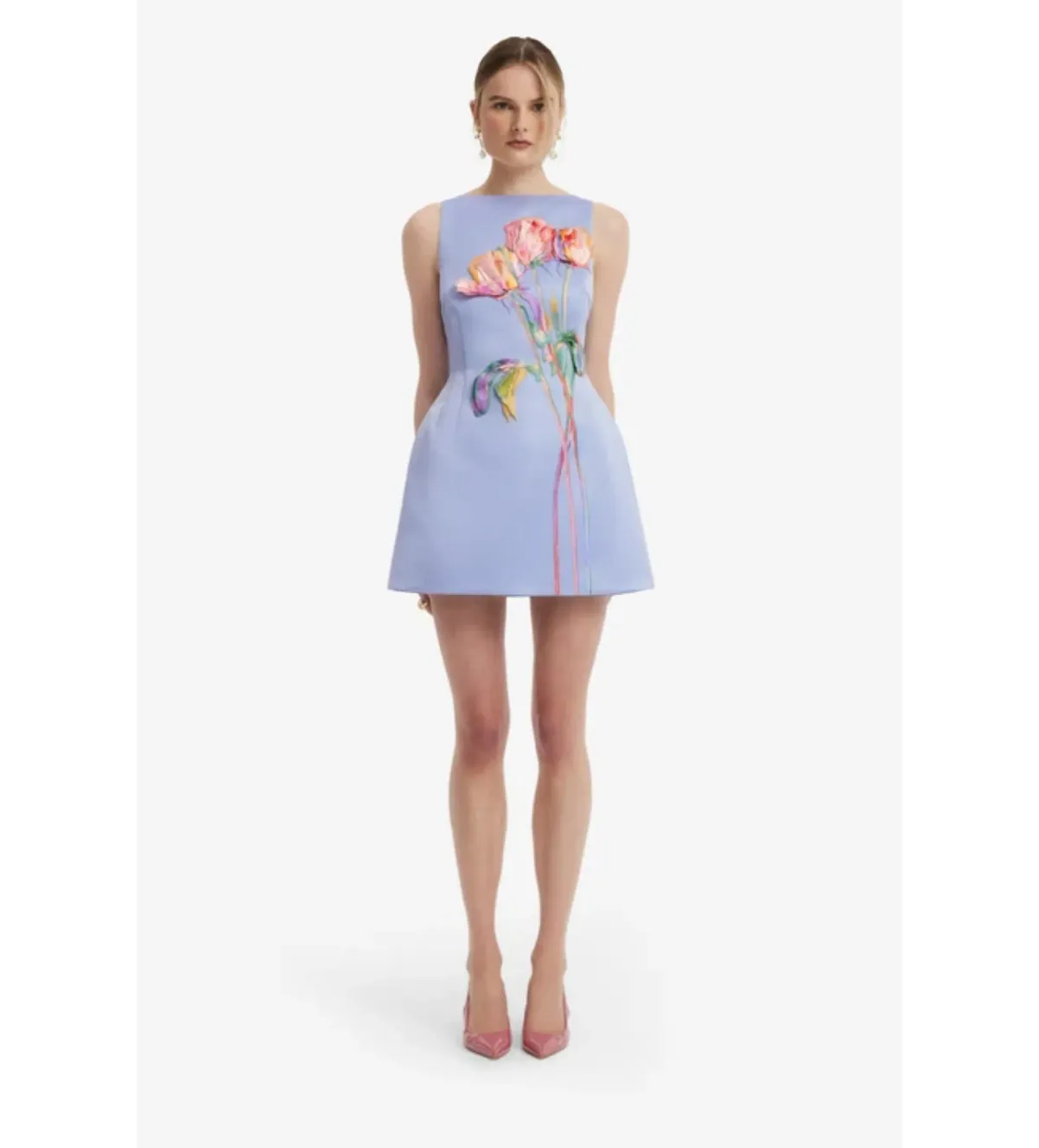 Leo Lin Ali Embroidered Boat Neck Mini Dress in Rose in Periwinkle Size AU10 - Image 1