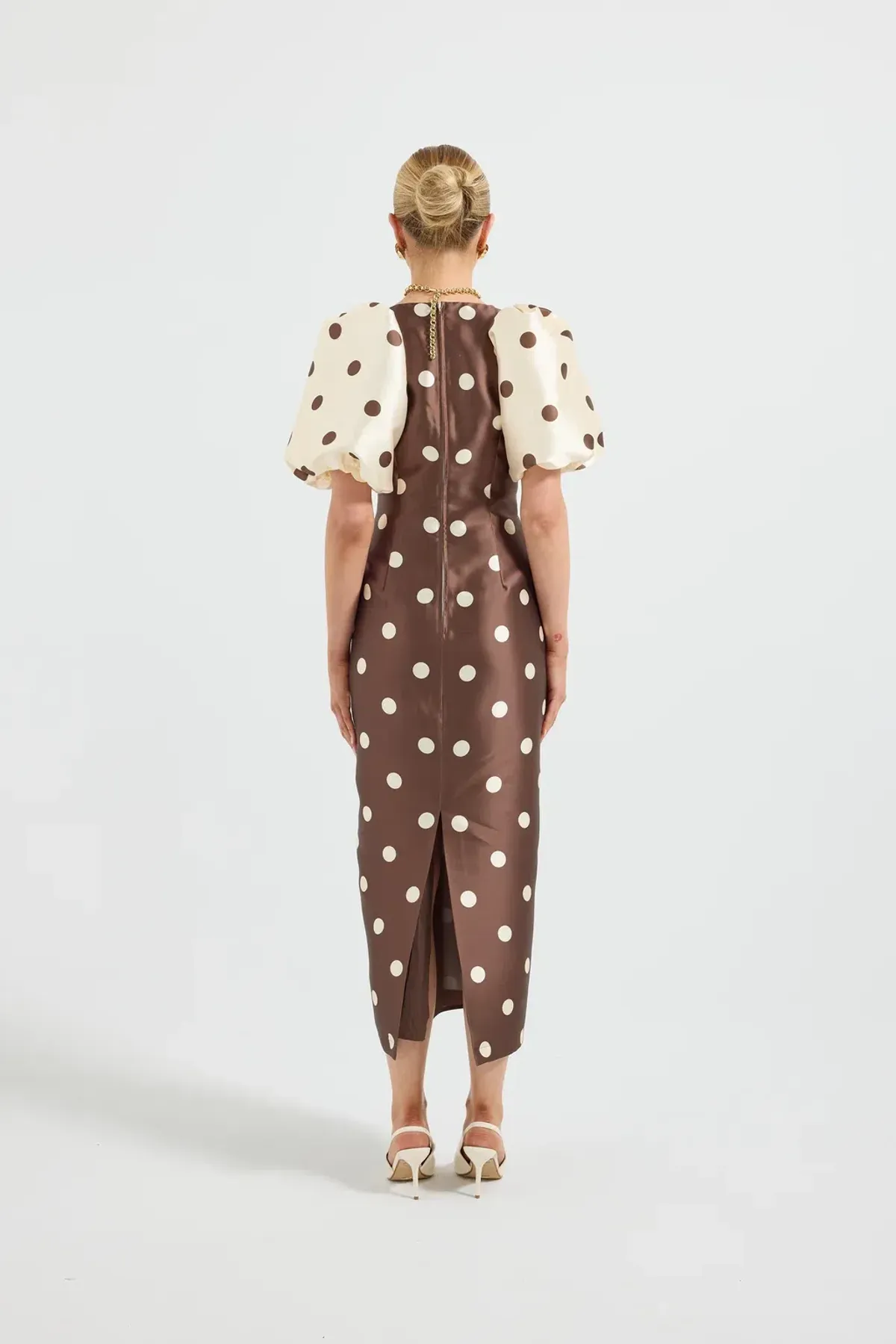 Pasduchas Dottie Puff Sleeve Midi Dress Polka Dot Brown and Cream Size 12 - Image 3