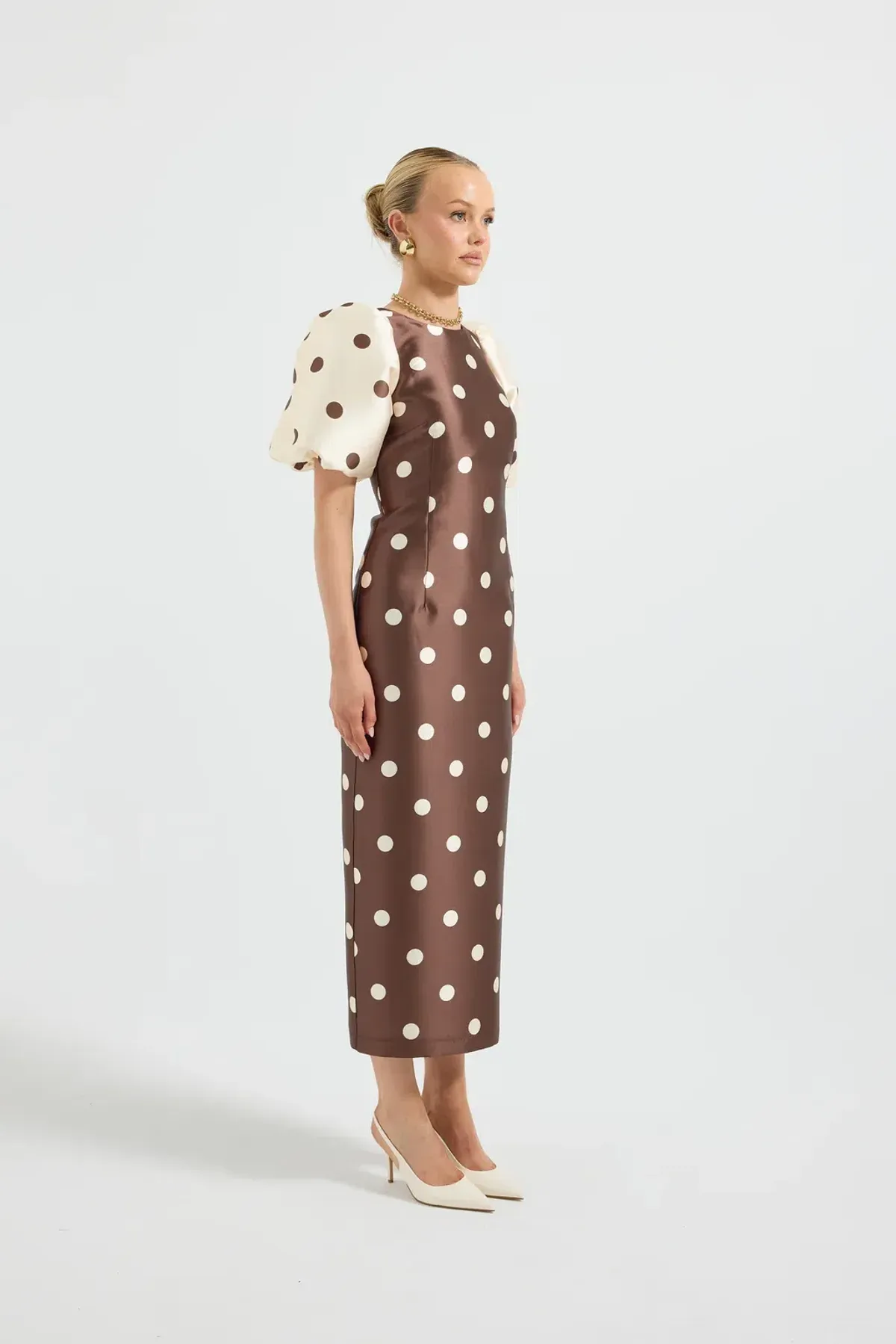 Pasduchas Dottie Puff Sleeve Midi Dress Polka Dot Brown and Cream Size 12 - Image 4