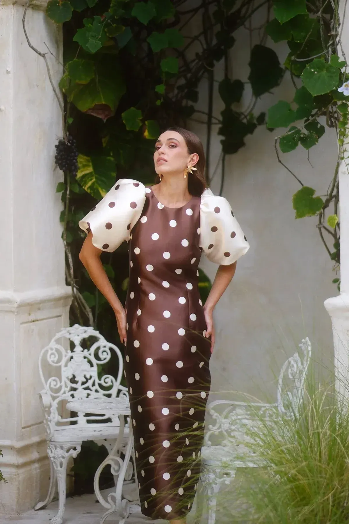 Pasduchas Dottie Puff Sleeve Midi Dress Polka Dot Brown and Cream Size 12 - Image 1