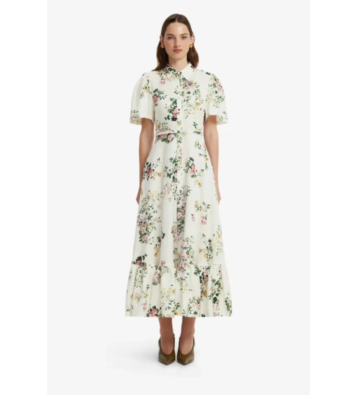 Leo Lin Becca Short Sleeve Midi Dress in Posy Print Snow Size AU10 for rent on The Volte - main image