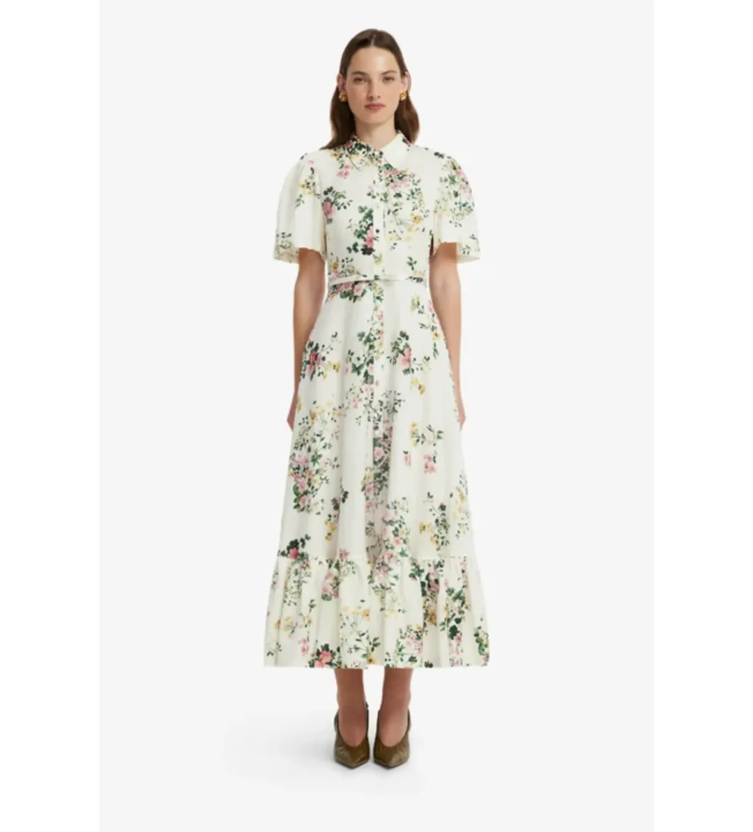 Leo Lin Becca Short Sleeve Midi Dress in Posy Print Snow Size AU12 for rent on The Volte - main image