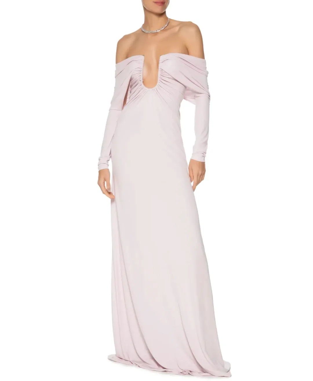 CHRISTOPHER ESBER CHALKY PINK ARCED PALM STRAPLESS SHAWL GOWN - SIZE 8 AU for rent on The Volte - main image