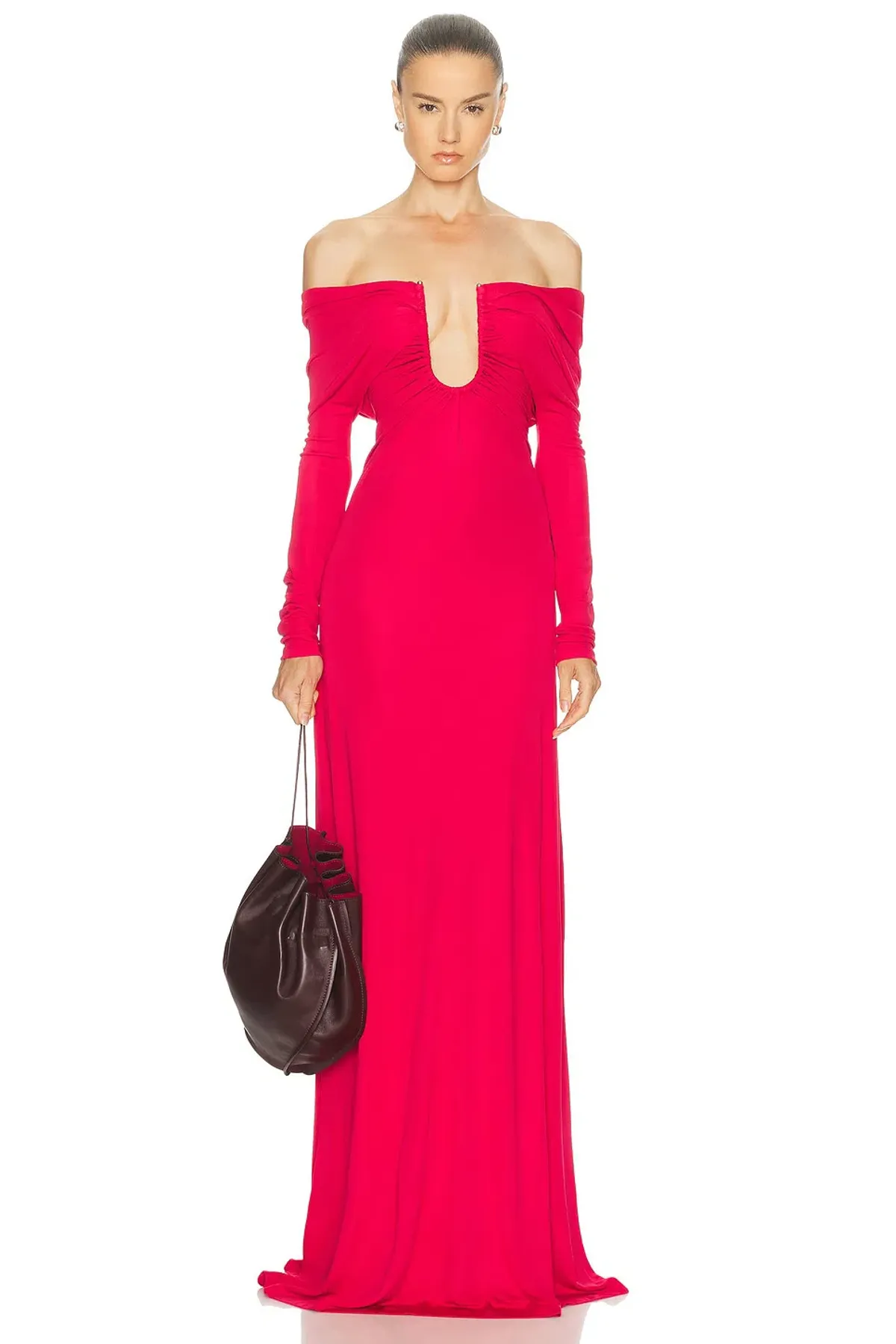 Christopher Esber Cranberry Arced Palm Strapless Shawl Gown - Size 8 AU for rent on The Volte - main image