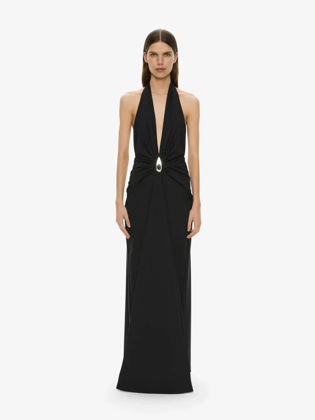 Christopher Esber Black Crystal Pendant Ruched Lycra Halter Dress - Size 8 AU for rent on The Volte - main image