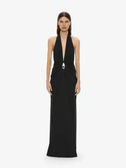 Christopher Esber Black Crystal Pendant Ruched Lycra Halter Dress - Size 8 AU for rent on The Volte - image 1