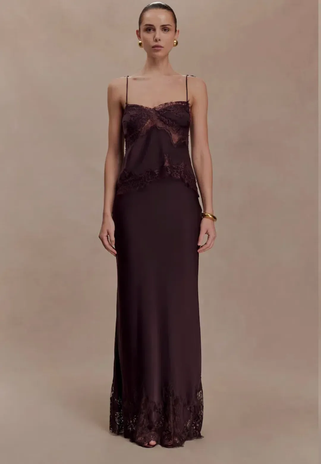Meshki Nina Lace Trim Satin And Lace Maxi Skirt - Chocolate size XXS for rent on The Volte - main image