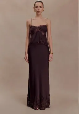 Meshki Nina Lace Trim Satin And Lace Maxi Skirt - Chocolate size XXS for rent on The Volte - image 2