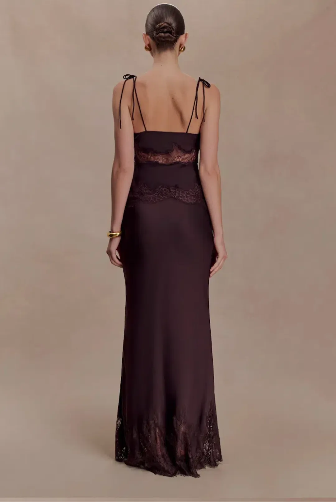 Meshki Nina Lace Trim Satin And Lace Maxi Skirt - Chocolate size XXS for rent on The Volte - main image