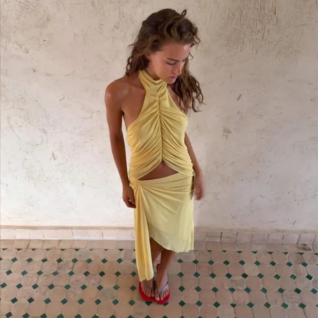 Bec + Bridge Oria Halter Top and Midi Skirt Set in Yellow Size 8 for rent on The Volte - main image
